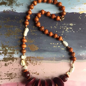 Brown Orange Wood Necklace White Shell Beads Chunky Vintage Jewelry Statement Piece