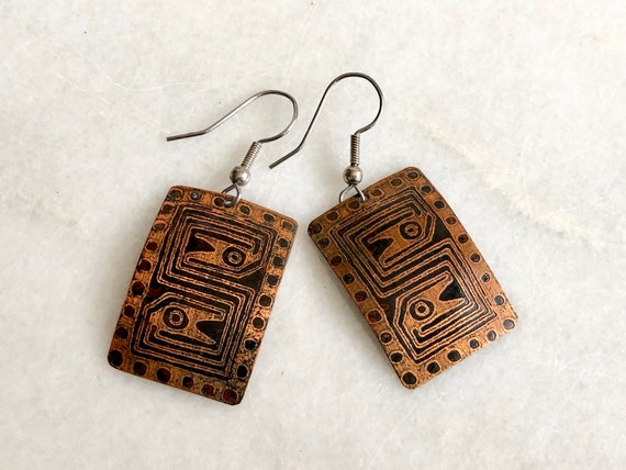 Copper Earrings Snake Symbols Rectangular Metal V… - image 5