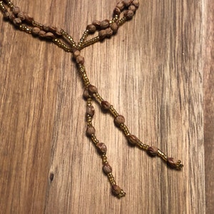 Beaded Tassel Necklace Brown Gold Beads Vintage Jewelry Statement Piece Tassel