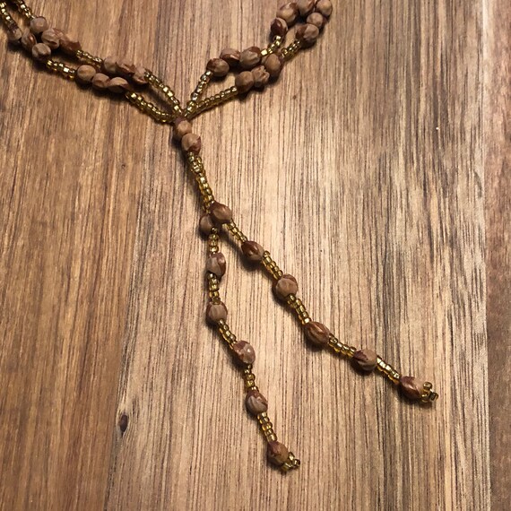 Beaded Tassel Necklace Brown Gold Beads Vintage J… - image 1