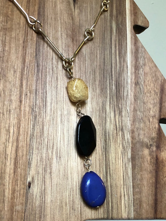 Pendant Necklace Sparkle Gold Bead Black Blue Sto… - image 3