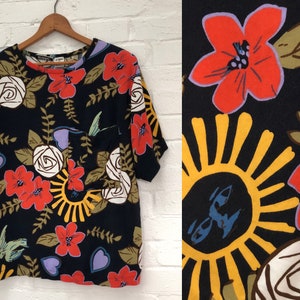 Gitano Shirt Black Floral Yellow Sun Purple Hearts Red Flowers Olive Green Leaves Vintage Distressed Women&#39;s Medium or Large