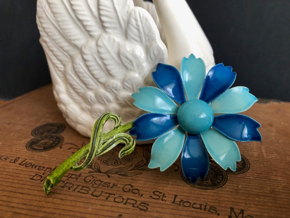 Blue Flower Pin Vintage Daisy Enamel Metal Green … - image 4