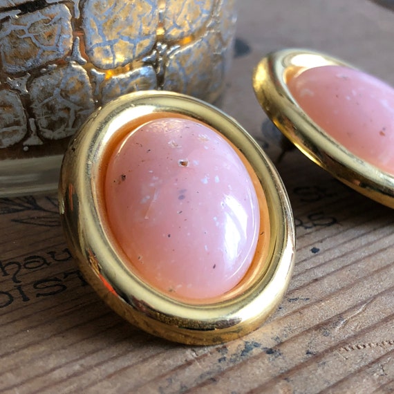 Pink Earrings Gold Metal Oval Pastel Vintage Earr… - image 2