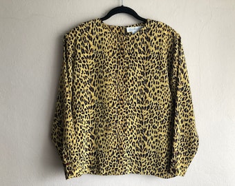 Leopard Blouse Cheetah Shirt Long Sleeve Polyester Vintage Distressed Women's size 10 - Small or Medium