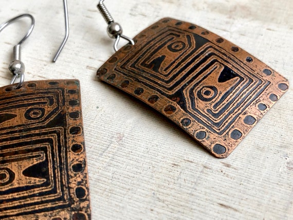 Copper Earrings Snake Symbols Rectangular Metal V… - image 3