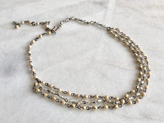Beaded Necklace Collar Faux Pearl Beige White Sil… - image 3