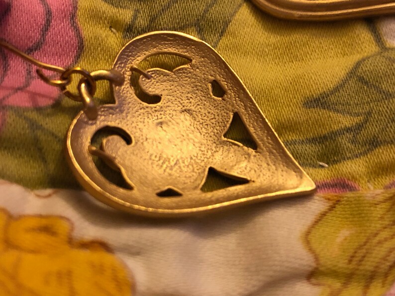 Gold Heart Earrings Dangly Frosted Gold Tone Metal Vintage Jewelry Love Valentine Gift