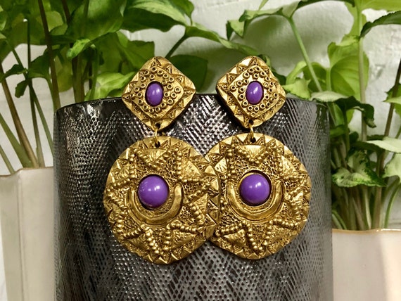 Purple Gold Earrings Big Dangly Aztec Sun Plastic Resin Chunky Round Circle Post Stud Vintage Earrings Etsy