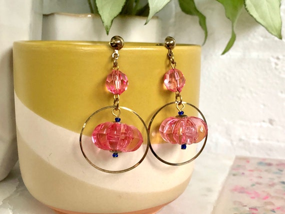 Pink Earrings Clear Plastic Tiny Blue Beads Gold … - image 2