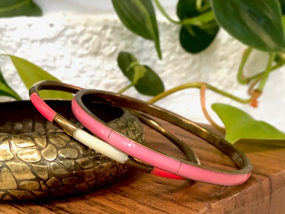 Thin Bangle Bracelets Set of 2 Hot Pink White Pas… - image 2