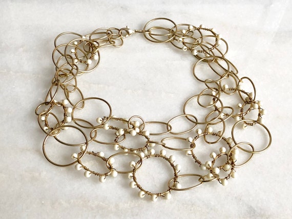 Gold Necklace White Beaded Chain Rings Multistran… - image 2