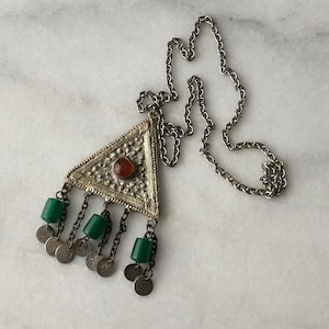 Triangle Necklace Silver Metal Pendant Green Beaded Red Stone Chain Vintage Distressed Boho Illuminati Eye