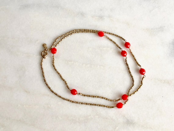 Gold Necklace Red Bead Brass Metal Vintage J Crew… - image 5