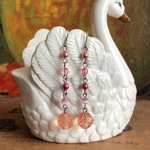 Pink Earrings Silver Chain Dangly Round Beads Vintage Jewelry