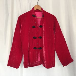 Velvet Jacket Magenta Red Black Knot Clasps Vintage Distressed Antique Women&#39;s XS or Small