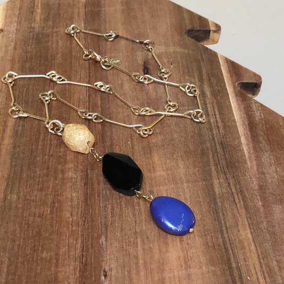 Pendant Necklace Sparkle Gold Bead Black Blue Sto… - image 1