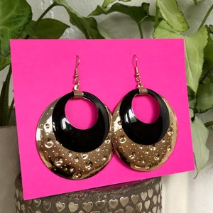 Gold Black Earrings Round Dangly Metal Big Earrings Vintage Jewelry Wire