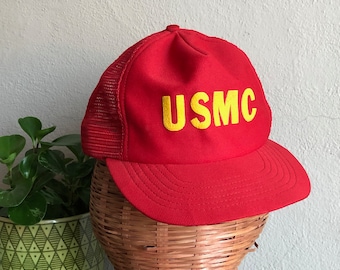 USMC Hat Red Mesh Hat Trucker Hat Snapback Hat Made in USA Vintage Distressed Yellow Marines
