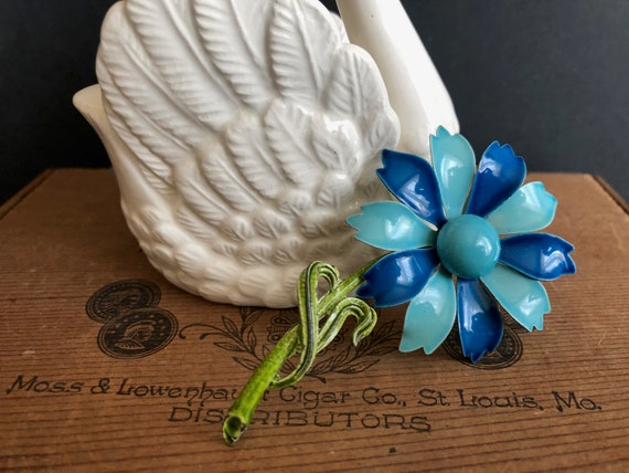 Blue Flower Pin Vintage Daisy Enamel Metal Green … - image 2