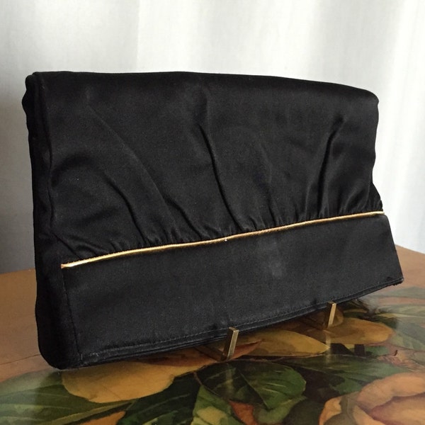 Vintage Black Satin Clutch Purse Handbag Peach Lining Gold Piping Trim Folded Bag Evening Bag