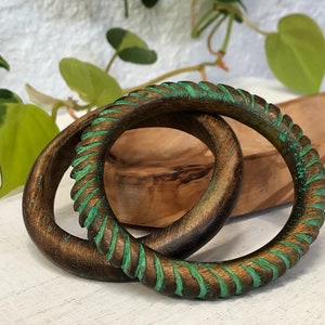 Wood Bracelets Set of 2 Bangles Turquoise Carved Dark Brown Rounded Vintage Distressed Christmas Gift