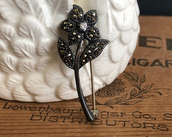 Rhinestone Flower Pin Black Metal Cloisonné Vintage Jewelry Sterling Silver