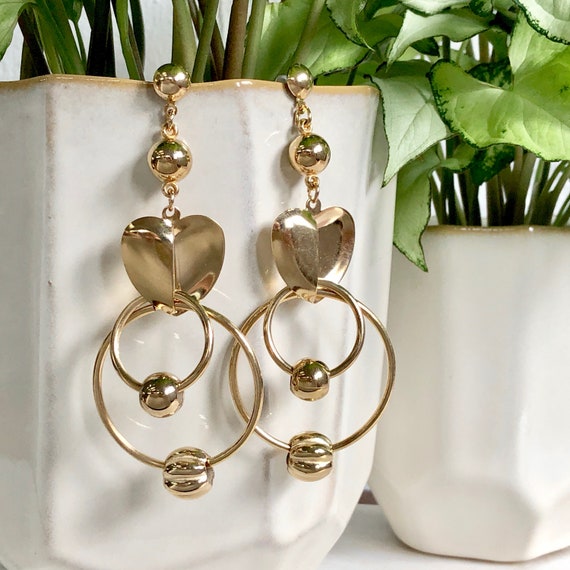 Gold Heart Earrings Long Dangly Big Earrings Meta… - image 1