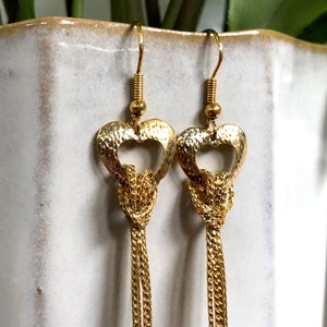 Heart Earrings Gold Tassel Dangly Chains Vintage Earrings Wire Statement Jewelry image 2