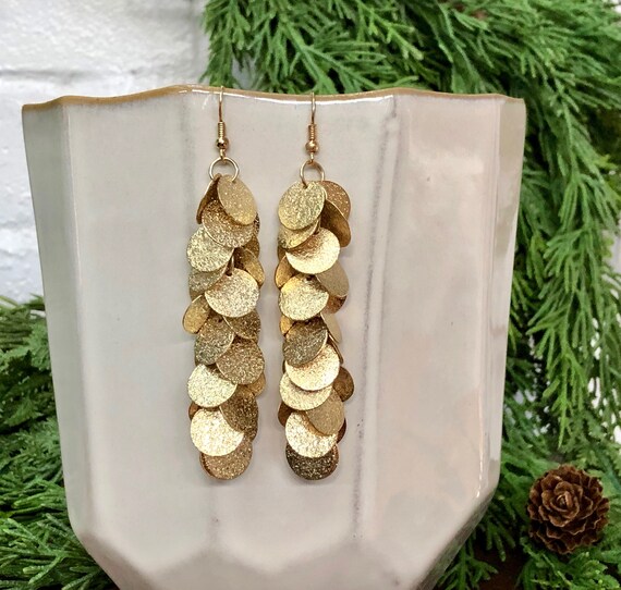 Gold Dangly Earrings Frosted Glitter Circle Charm… - image 1