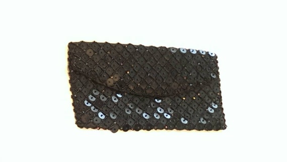 Vintage Black Satin Clutch Bead Sequin Purse Hand… - image 1