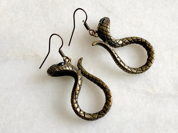 Snake Earrings Gold Black Metal Vintage Distresse… - image 2