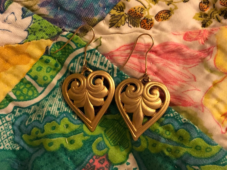 Gold Heart Earrings Dangly Frosted Gold Tone Metal Vintage Jewelry Love Valentine Gift