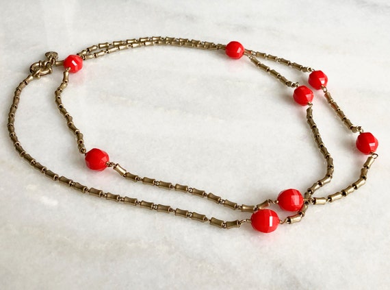 Gold Necklace Red Bead Brass Metal Vintage J Crew… - image 3