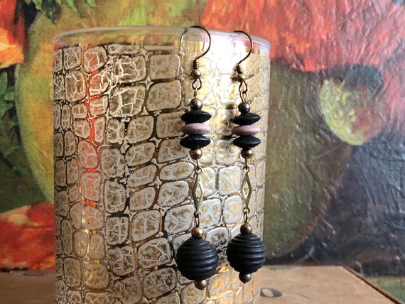 Dangly Earrings Black Wood Bead Pink Metallic Vin… - image 1