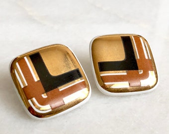 Gold Earrings Square Plaid Stripes Black Sienna Brown White Metal Vintage Distressed Stud Earrings Jewelry