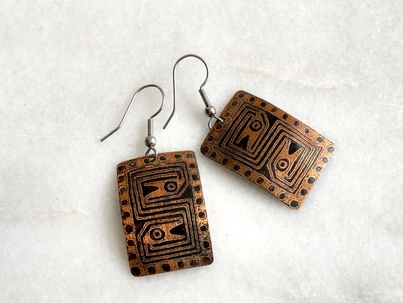 Copper Earrings Snake Symbols Rectangular Metal V… - image 2