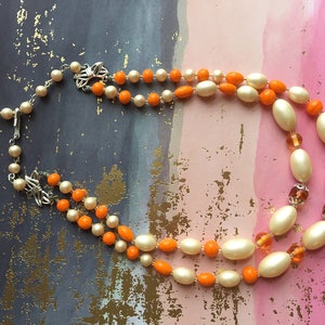 Orange White Necklace Multi Strand Beads Vintage Jewelry