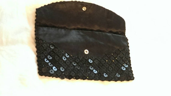 Vintage Black Satin Clutch Bead Sequin Purse Hand… - image 2