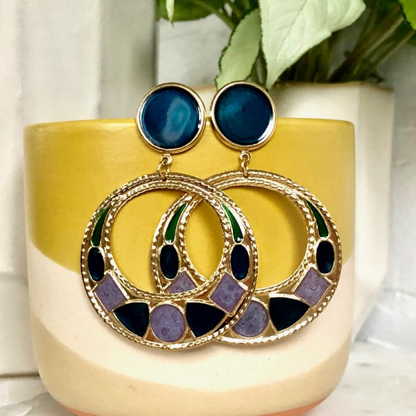 Blue Gold Earrings Big Dangly Hoops Colorful Circles Faux Stones Enamel Purple Teal Artsy Earrings Vintage Earrings