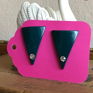 Triangle Earrings Dark Teal Green Plastic with Rhinestone Vintage Earrings Big Statement Jewelry