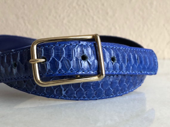 Blue Snakeskin Belt Skinny Leather Gold Buckle Vintage | Etsy