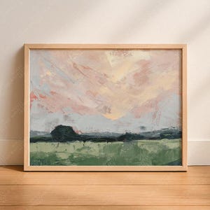 Pastoral Landscape Art Print: Green Field, Blue Trees, Pastel Sunset Textured Painting