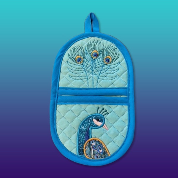 Peacock oven mitt in the hoop machine embroidery digital design pattern ith embroidery machine files