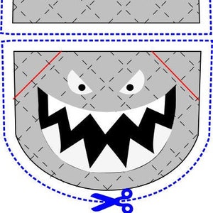 May include: A gray felt shark with a white, toothy grin. The shark is cut out and ready to be used in a craft project.