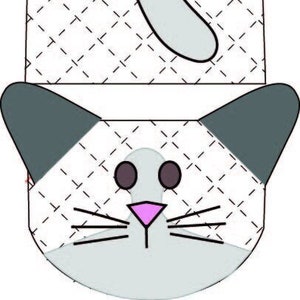 Pode incluir: Um rosto de gato cinza e branco com orelhas e bigodes pretos. O gato tem o nariz rosa e os olhos pretos. O fundo é um padrão xadrez branco e preto.