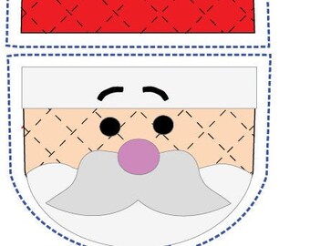 May include: Applique placement guide for a Santa Claus craft project. The guide shows two pieces: a red hat with a white circle and a white face with a pink nose, black eyes, and a gray mustache.