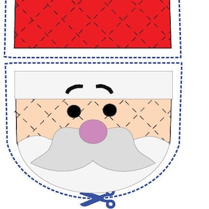 May include: Applique placement guide for a Santa Claus craft project. The guide shows two pieces: a red hat with a white circle and a white face with a pink nose, black eyes, and a gray mustache.