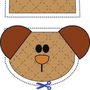 Puede incluir: Una plantilla de fieltro marrón para hacer un títere de perro. La plantilla incluye una cabeza con orejas y una pieza de cuerpo separada. La cabeza tiene dos ojos negros, una nariz marrón y una boca negra.