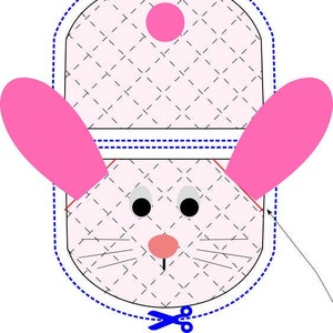 Pode incluir: Um padrão de coelho de feltro rosa com linhas pontilhadas para cortar a forma. O padrão inclui um nariz rosa, olhos pretos e orelhas rosas.